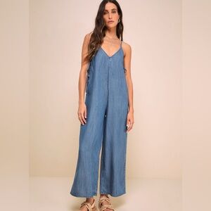 Lulus Comfortably Posh Medium Wash Chambray Wide-Leg Jumpsuit